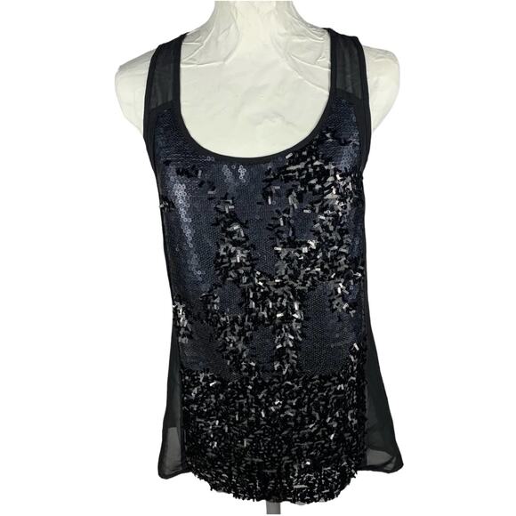 Daytrip Womens Black Sleeveless Sequin Top Size Small Bling Sheer Back Tank Top - Picture 1 of 11